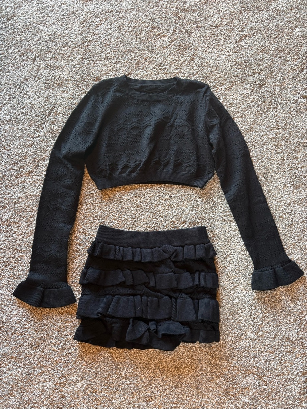 Black Ruffled Knit Sweater & Mini Short Set